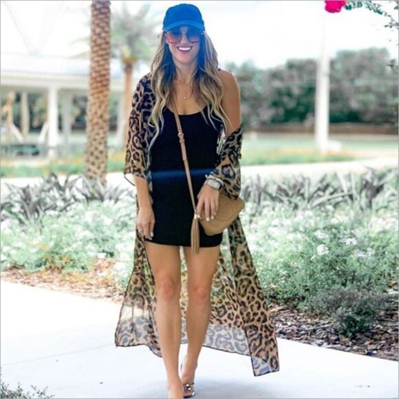 NEW Cover Up Animal Print Leopard Swim Tie Waist Kimono Duster Beach Sheer Flowy - Picture 2 of 10